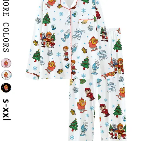 Vintage Cartoon Christmas Pajamas Set, Retro Snowflake Reindeer Candy Holiday Print, Comfortable 2-Piece Long Sleeve Button Home Wear, Winter Sleepwear, Christmas Gift