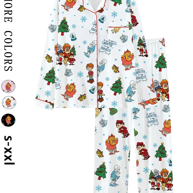 Vintage Cartoon Christmas Pajamas Set, Retro Snowflake Reindeer Candy Holiday Print, Comfortable 2-Piece Long Sleeve Button Home Wear, Winter Sleepwear, Christmas Gift