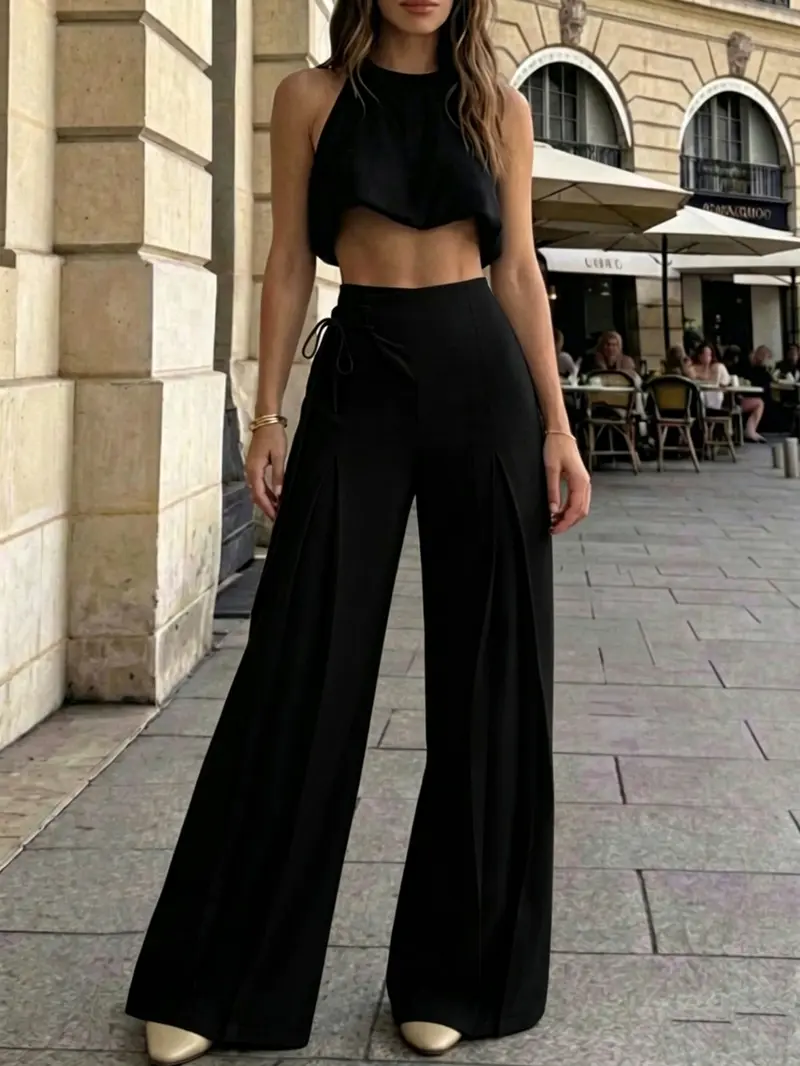 Women's Elegant Chic High-Waist Wide-Leg Pants, Casual Summer Long Pants, Loose Fit Retro Style Plain Bottoms