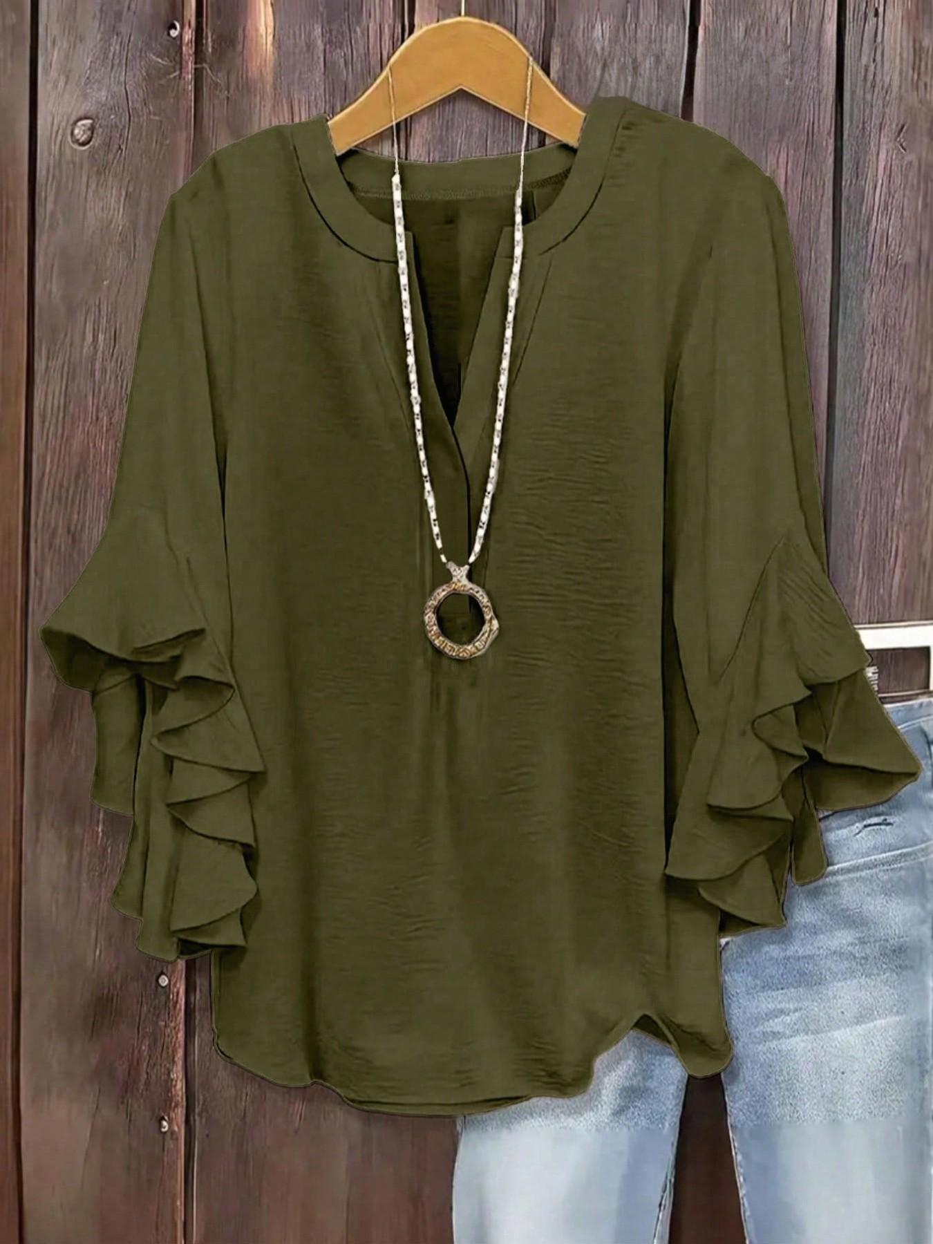 Plus Size Women's Ruffled Sleeve Notched-Neck Fitted Blouse Shirts, Elegant Comfortable and Stylish Solid Color Top, Perfect for Everyday Casual Wear