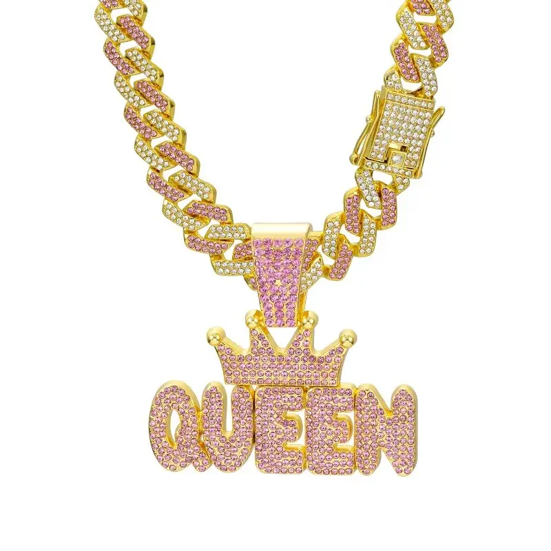 【Holiday Haul】Women's Pink Diamond Crown QUEEN Letter Hanging Diamond Cuban Necklace Long Hip-hop Jewelry Mother's Day Valentine's Gift Elegant Versatile Gift Option for Women