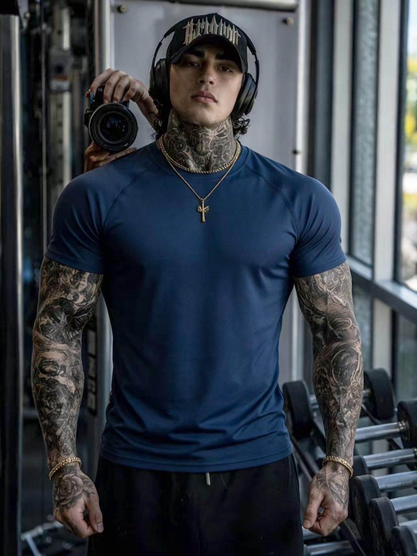 New Men's Fitness Short Sleeve Muscle Sports Tight Fit T-Shirt, Printed Elastic Quick Dry T-Shirt, Outdoor Gym Wear