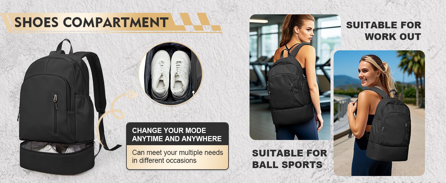 Unisex Adults' Waterproof Sport Backpack for Gym, Travel - Lightweight Fabric, Shoe Compartment, Wet Pocket - Black