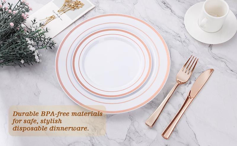 GOODLUCK 200PCS White Plastic Plates with Double Rose Gold Rim 100 Large Dinner & 100 Small Dessert Plates Elegant Durable Disposable Tableware for Christmas Weddings Birthdays and Holiday Parties BPA-Free & Sturdy - Gatherings