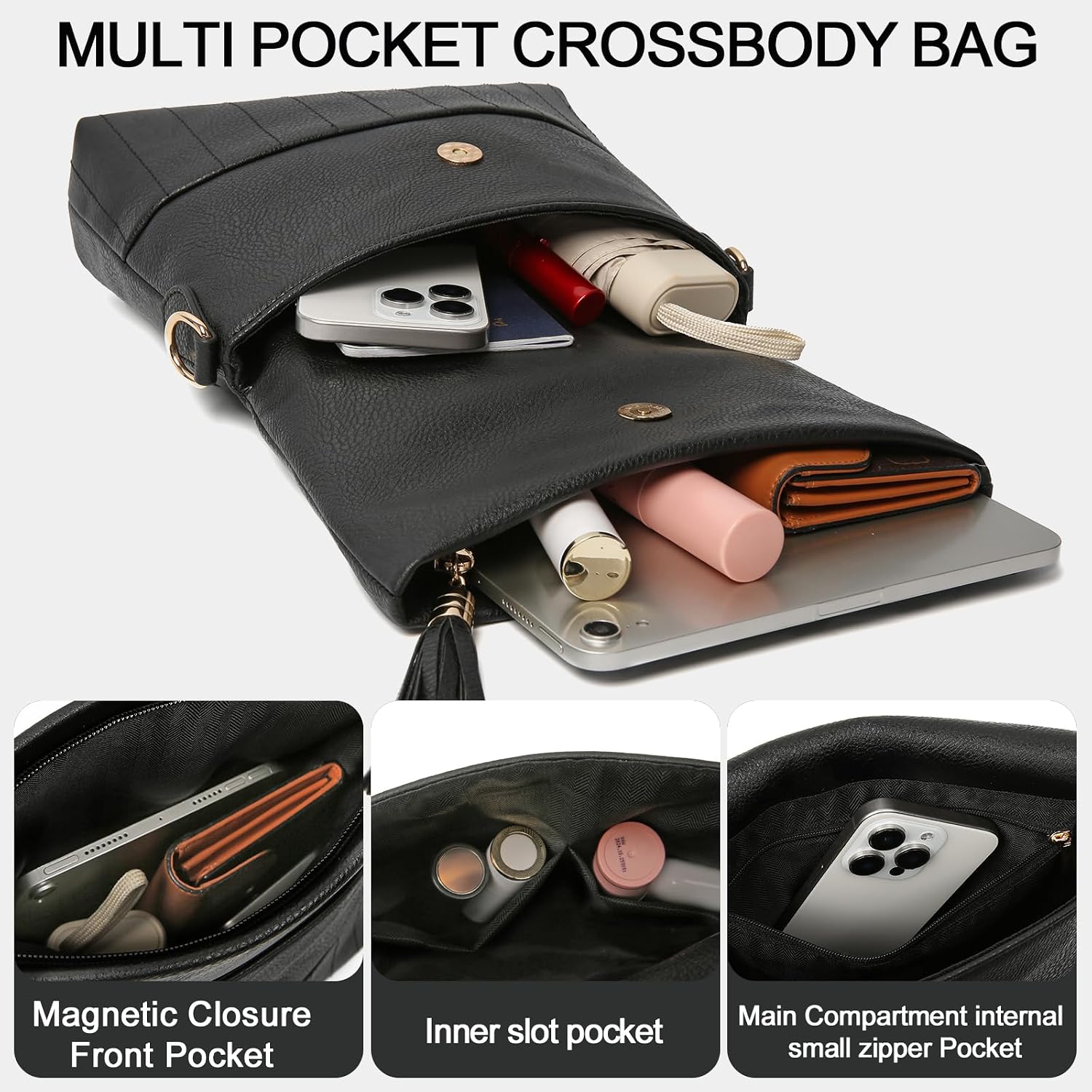 Women's Leather Crossbody Bags Anti  Purses RFID Blocking Handbags Trendy Travel Adjustable Strap Tassel