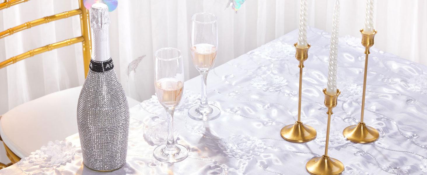 Fanqisi Rectangle Tablecloth White Raised Rosette Vintage Satin Tablecloths 60x102 Inch Birthday Table Cover for Wedding Anniversary Outdoor Ceremony Party Decorations