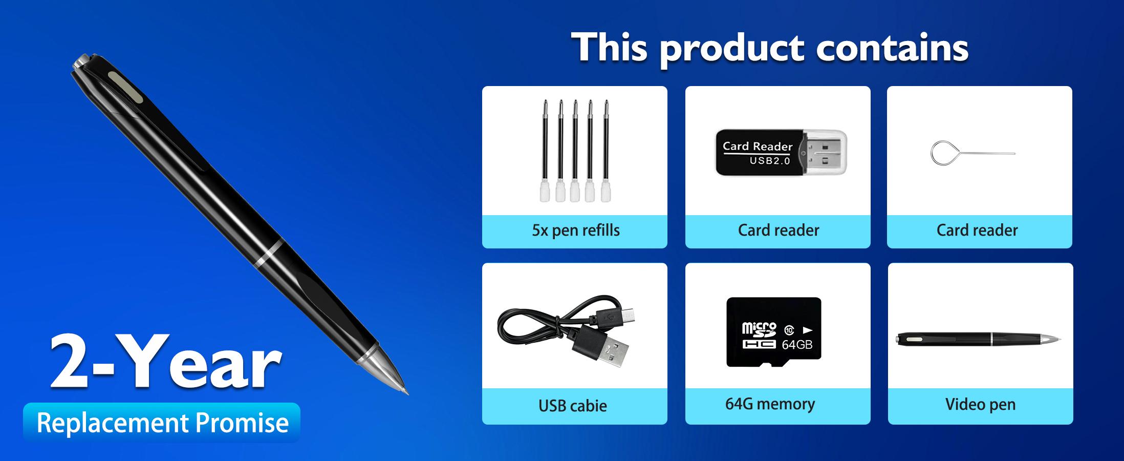 Hidden Camera-Mini Cameras HD 1080P-with 64GB SD Card Data Cable and Card Reader-Hidden Cameras Pen Cameras for Indoor Safety Classroom Learning