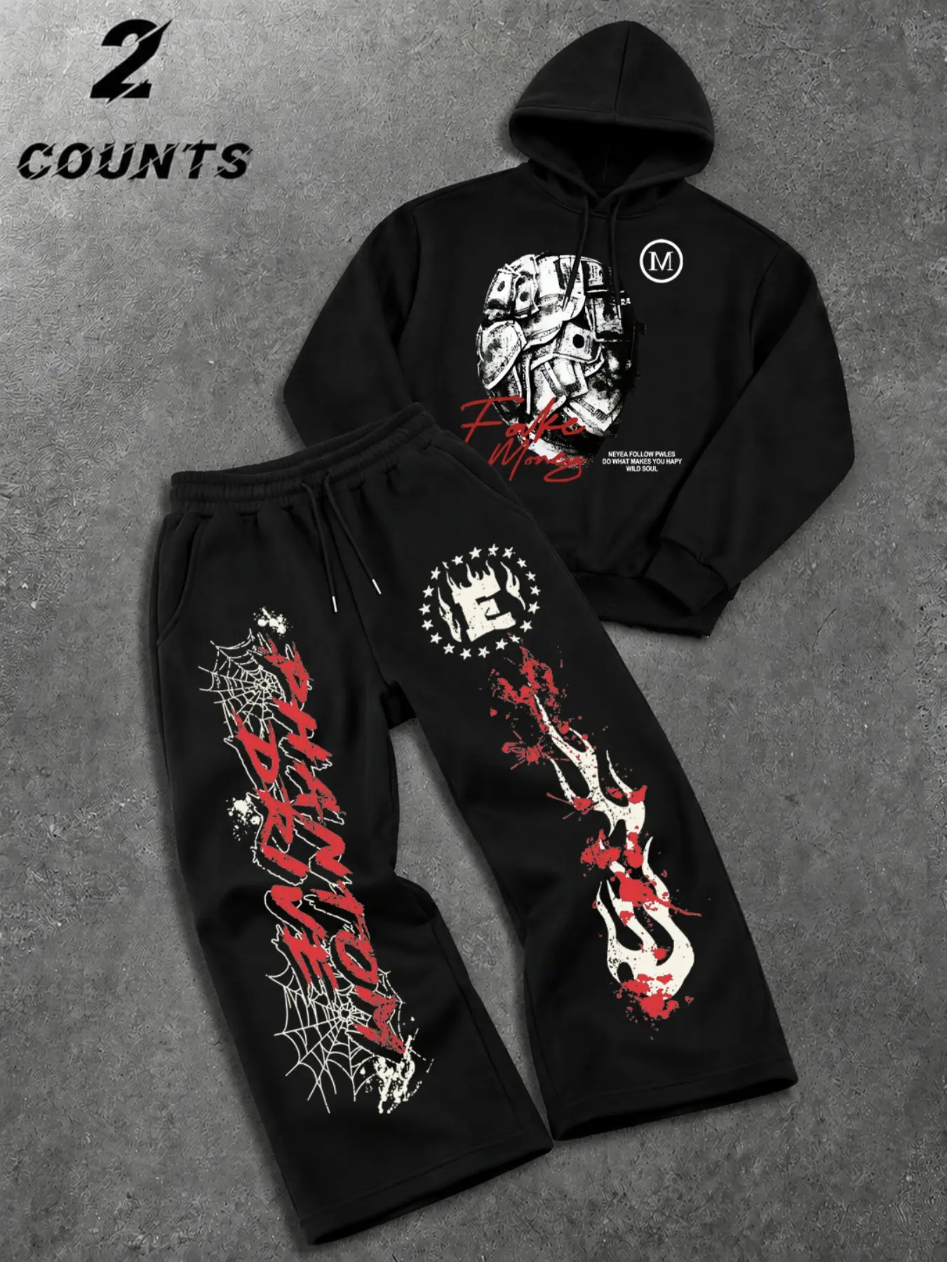 Men 2 Piece Oversized Hoodie Tracksuit, Grunge American Streetwear Helmet Graphic Hoodie & Wide Leg Sweatpants Set, Distressed Spider Web Flame Letter Print Casual Sweat Suit, Hip Hop Loose Outfit For Daily Street Walking Club Party