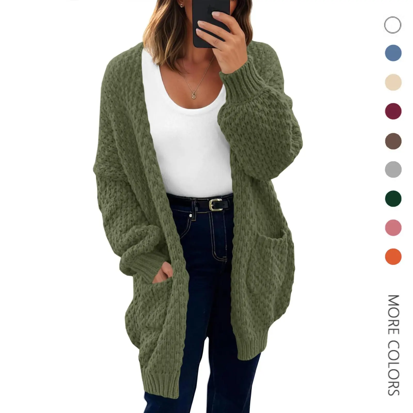 Women's Chunky Knit Cardigan, Oversized Open-Front Knitwear with Lantern Sleeves and Pockets, Fall Sweater Tops,back to school,back to school shopping, Knitting,clothes for back to school,first day of school outfits