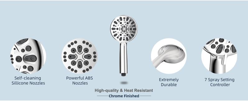 Hibbent All Metal Shower Head,10'' High Pressure Rain Shower Head/Handheld Showerhead Combo with 16'' Adjustable Arc-shaped Shower Extension Arm, 7-Spray, 71'' Hose Adhesive Showerhead Holder, Chrome