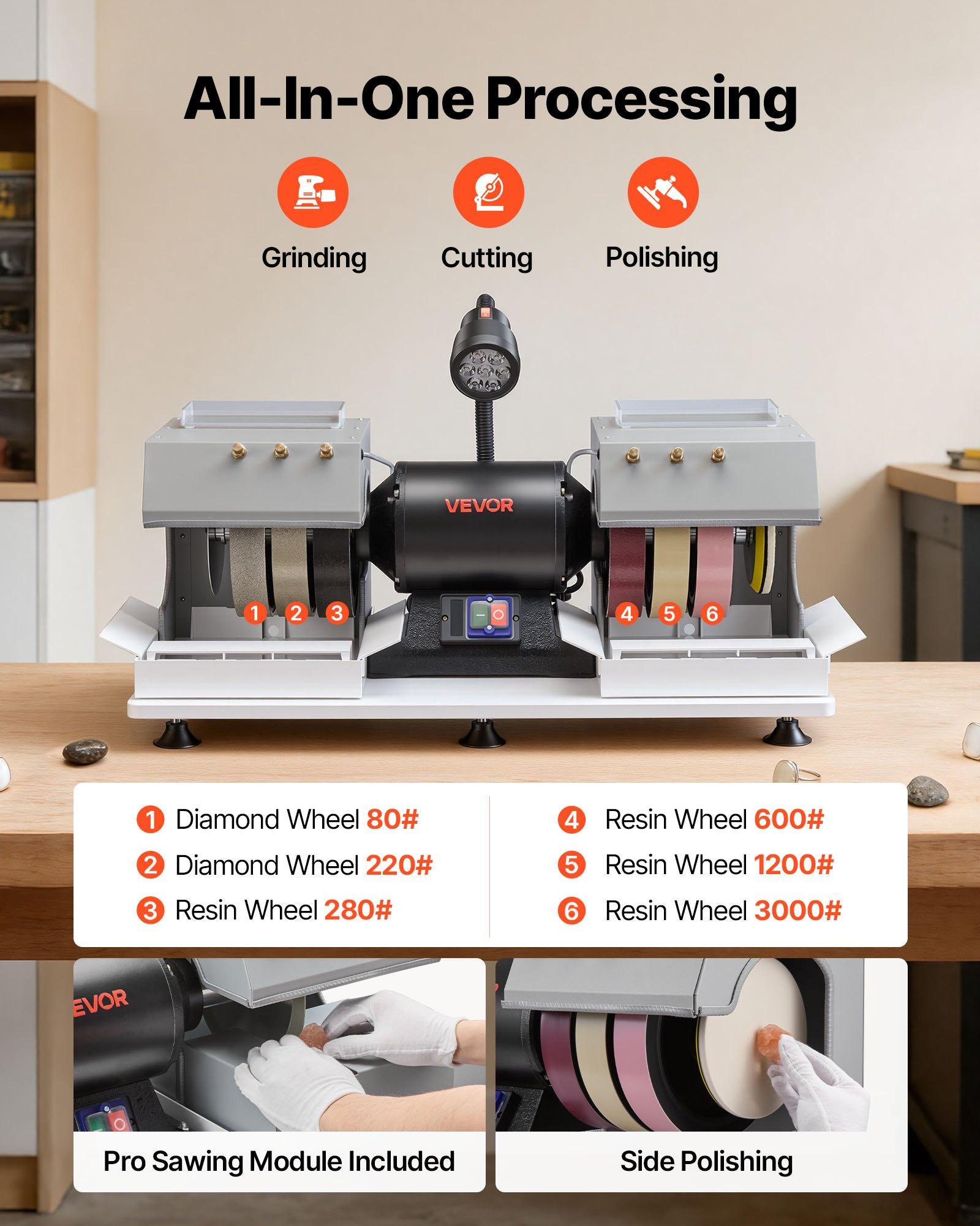 【Summerfinds】VEVOR 8 in VV-JH-8P Cabbing Machine, 3/4 HP (550 W) 1800 RPM Lapidary Rock Grinder Polisher with Diamond Wheels, Resin Wheels, LED Lamp, Water System, Splash Guard, 79 lbs, 29.2x13.4x13.0 in Lapidary Equipment for Gemstone Work, 29.2X 13.4X 1