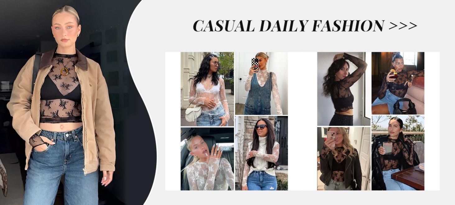 JovenPara Womens Lace Mesh Long Sleeve Tops Floral Sheer See Through Sexy Mock Neck Tee Shirts Layering Blouses