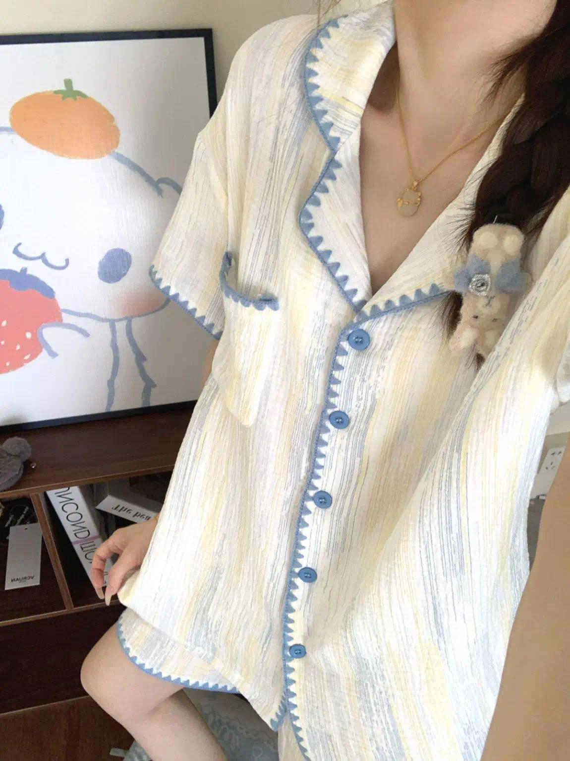 Cute Summer Color-Block Checkered Pajamas for Women: Short-Sleeve Set, Sweet Loungewear Two-Piece Set, Women's Summer Clothing