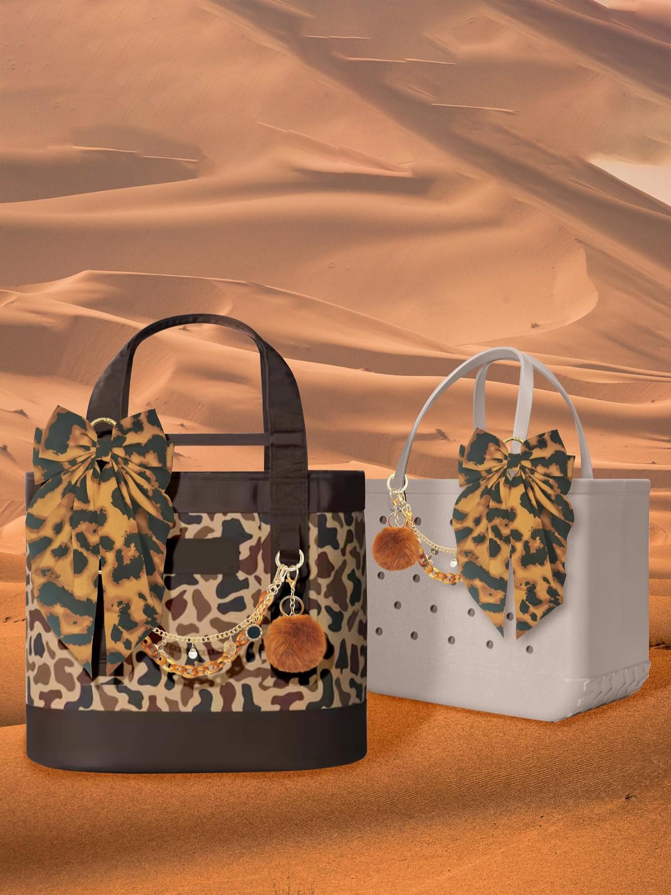 4PCS Leopard Tote Bag Accessories Set, 2 Chains, Satin Bow & Pom Pom, Handbag Decor Kit for Women, Bag Charm Set