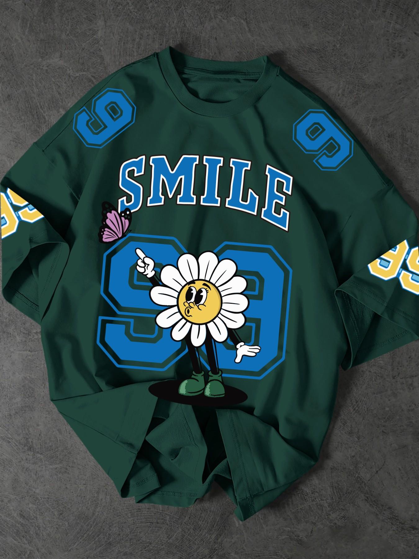 90s Retro College Style Cartoon Daisy Cotton Short Sleeve, Blue Tone Team Number 99, Butterfly Accent, Loose Fit for Campus, Skateboarding, Summer