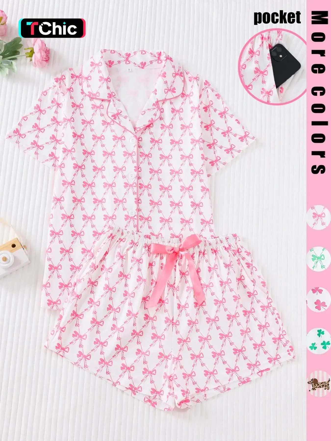 Women's Cute All Over Bow Print Two-Piece Pajama Set, Casual Pajama Sets, Pyjamas, Nightwear, Soft & Smooth Fabric, Casual Fitted Style Loungewear, Comfortable Wear for All Seasons, Top, Pjs
