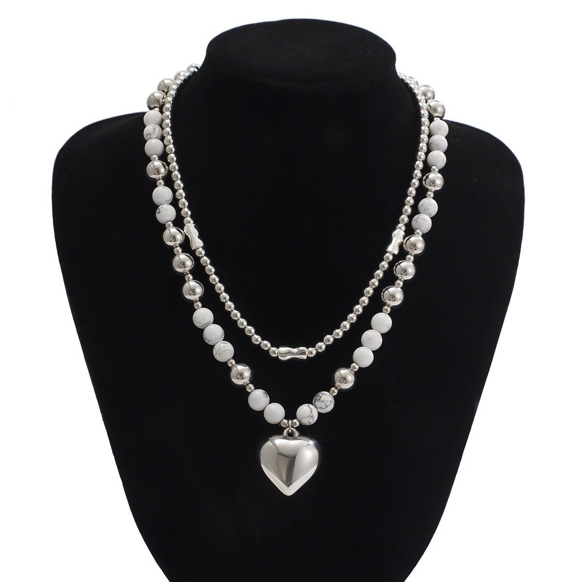 Women's 2-Layer White Turquoise Beaded Heart Pendant Necklace - Silver Metal Ball Chain, Marble Stones, Mixed Sizes Beads, Minimalist Stack Adjustable Choker, Daily Wear Jewelry for Gift, Double Strand, Minimalist Design, Adjustable Bead Chains