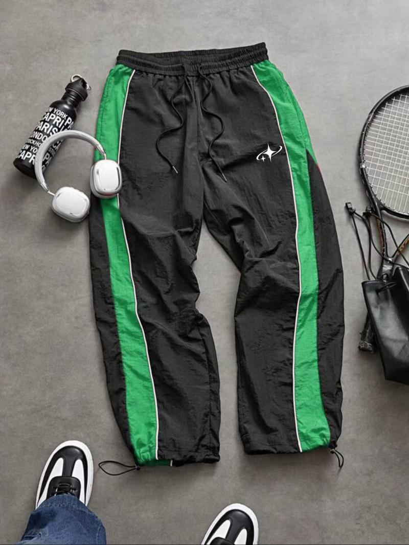 Men's Fashion Print Casual Outdoor Pants, Loose Fit Gym Shorts, Waist Drawstring, Elastic Cuff Design, Nylon Fabric, Lightweight Comfort, Outdoor Training Pants