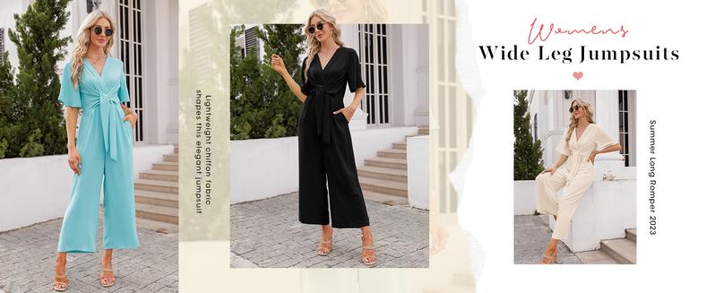 FMEYOA Womens Wide Leg Jumpsuits Short Sleeve V Neck Tie Knot High Waist Summer Long Romper FMEYOA Womens Wide Leg Jumpsuits Short Sleeve V Neck Tie Knot High Waist Summer Long Romper