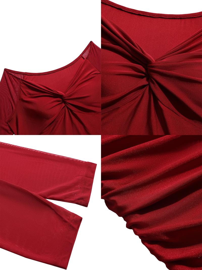 Sexy Off Shoulder Knot Maxi Dresses Christmas Robe For Women Solid Long Sleeve Slim Folds High Waist Side Spilt Hem Bodycon Dress