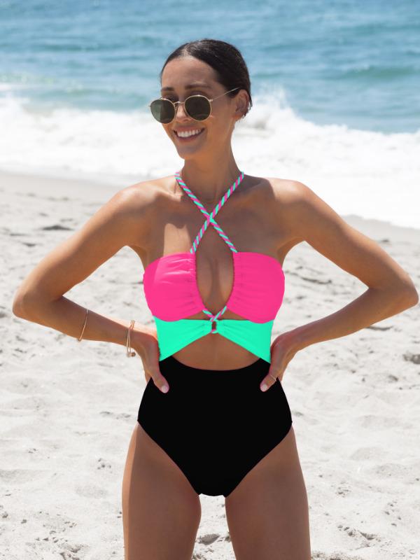 Popvil 【Built-in Sewn-in Pads】 Color Block Front Cutout One Piece Swimsuit, Tummy Control High Waisted Neon Swimsuit with Back Strap,Neon One Piece for Women