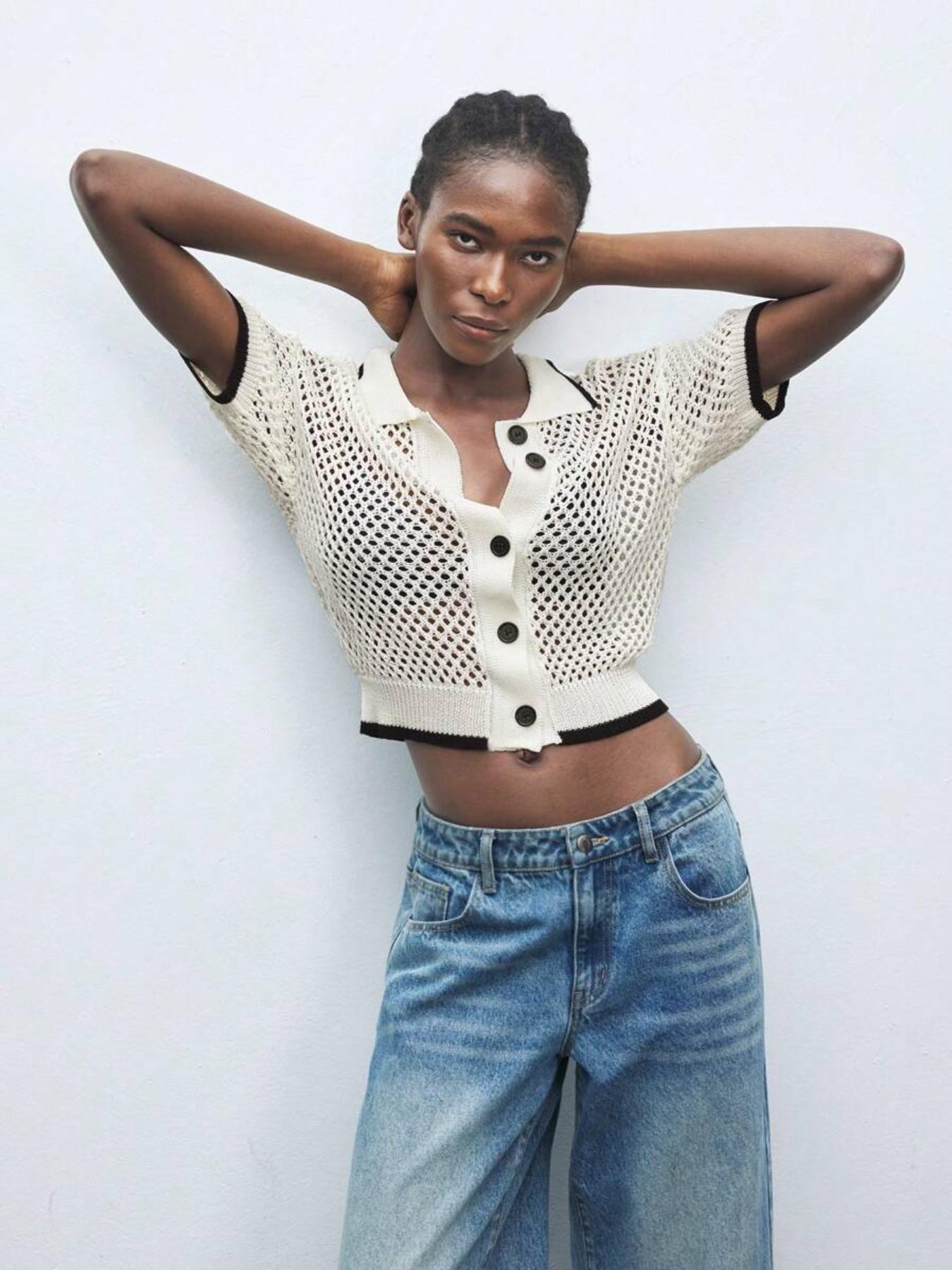 New Hollow-Out Knitwear, Women's Color-Block Short Sleeve Sweater, Elegant and Comfortable Polo Neck Top, Versatile Casual Wear