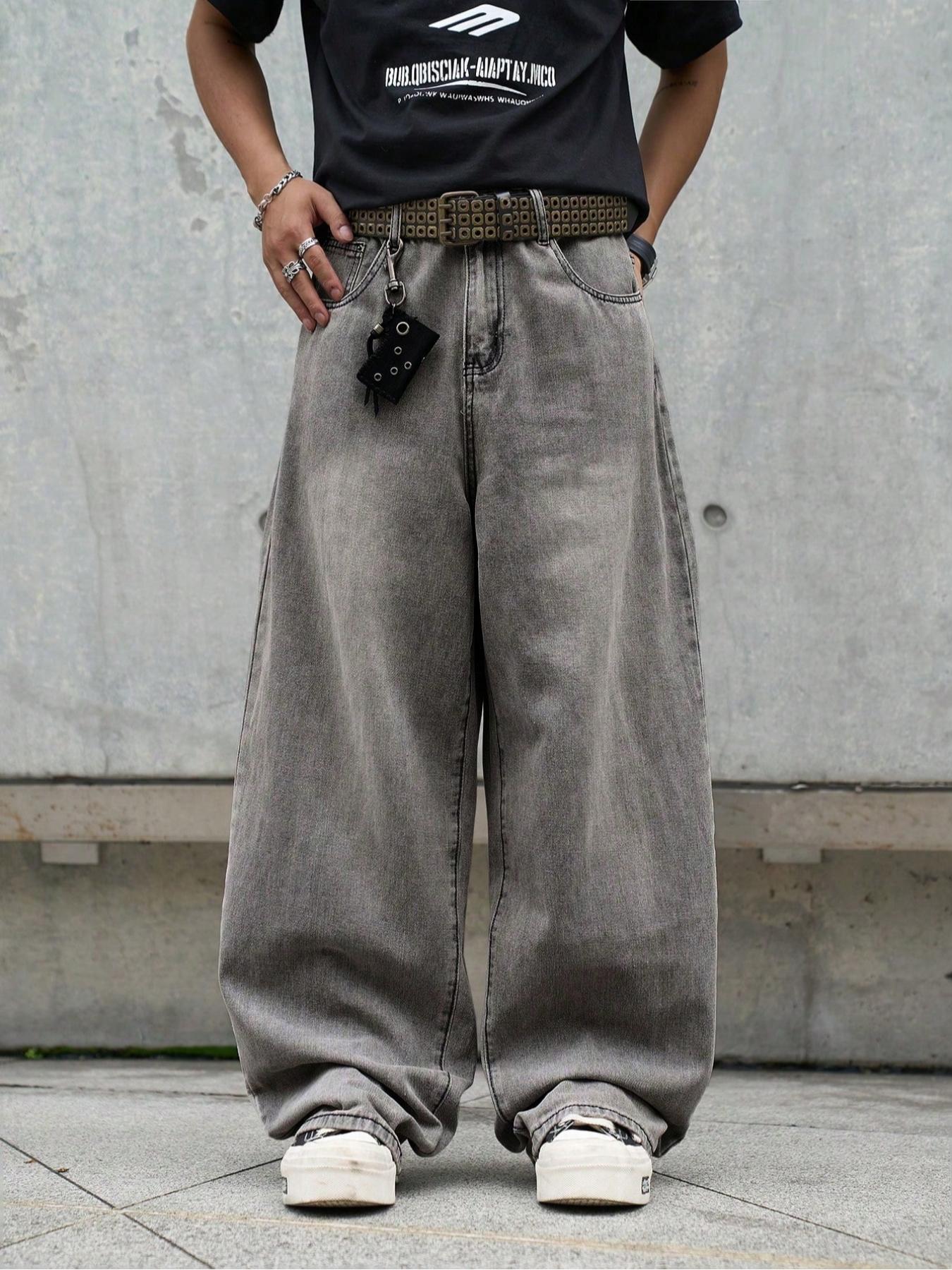 1 Piece Men's Dark Gray Casual Streetwear Fashion Loose Straight-Leg Jeans. Solid-Color Plain Dark Washed Gray Loose Denim Pants, Perfect for Men's Daily Wear.