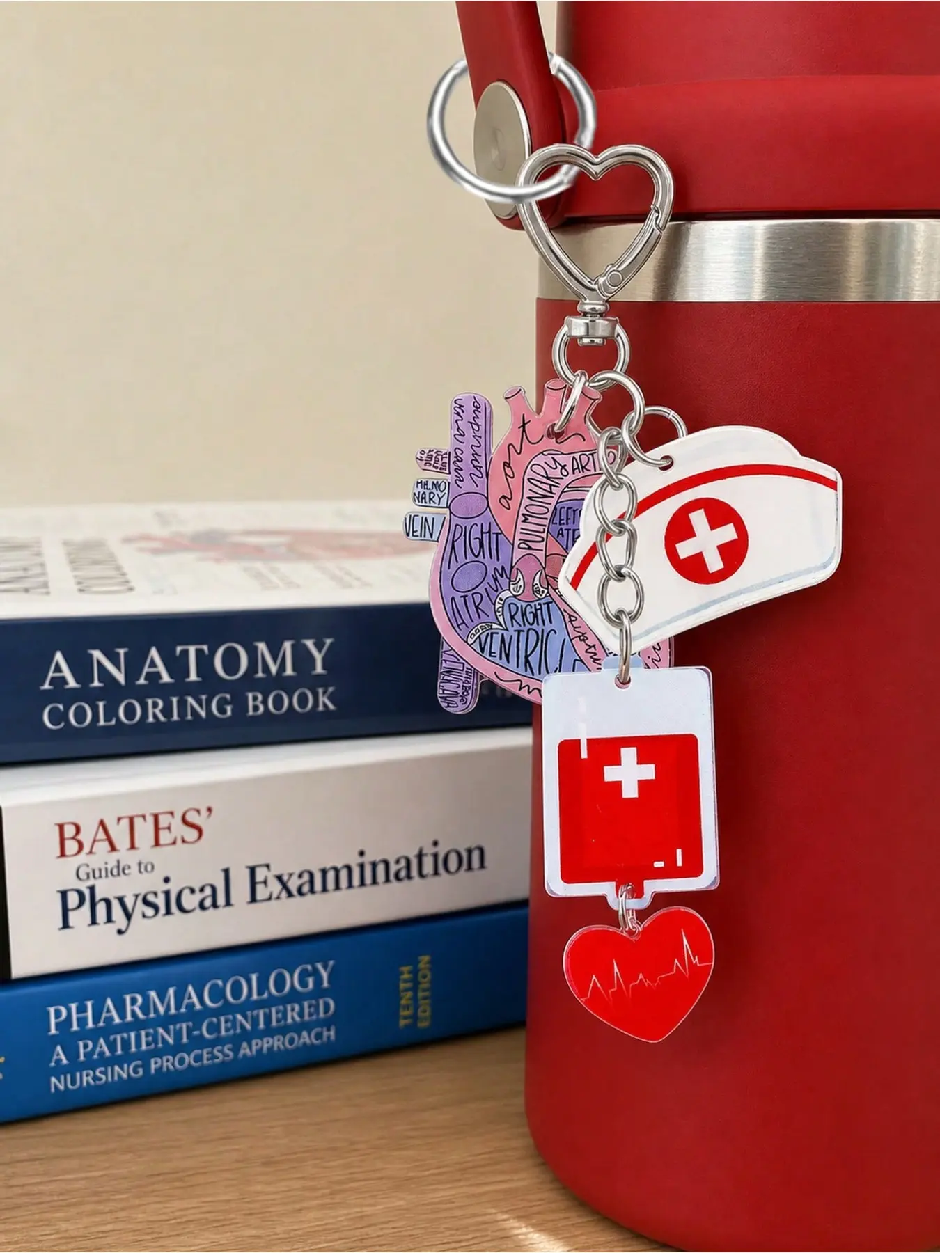 Anatomic Heart-Shaped Nurse Keychain – Comes with nurse cap, IV bag, ECG, and heart-themed charms, heart-shaped key ring design. Perfect for healthcare workers, nurses, and nursing students. Can be attached to backpacks.