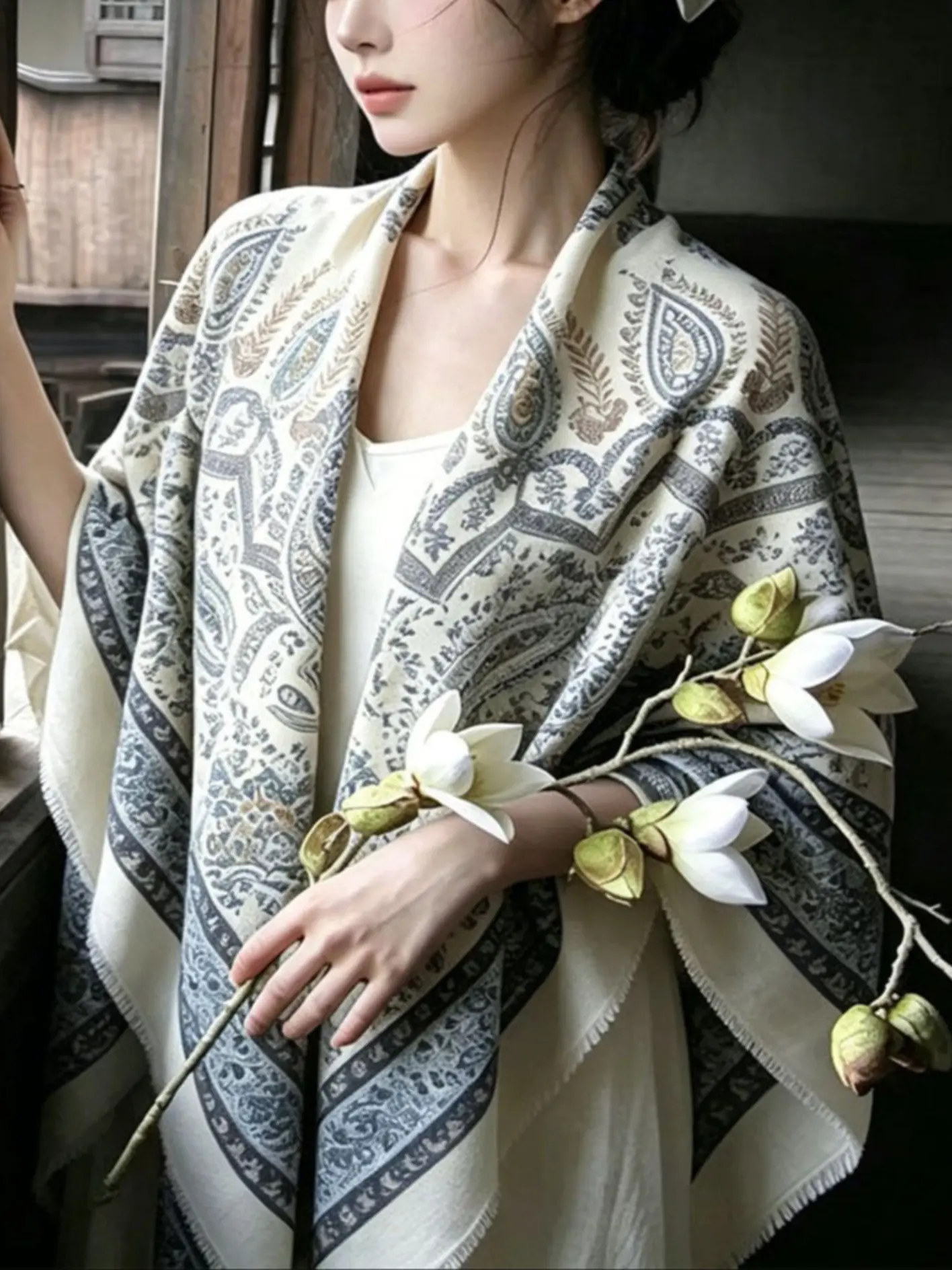 Ethnic Style Shawl for Women, Summer Sun Protection Scarf, Travel Photography Wrap, Square Silk Scarf, Outdoor Wear for Air Conditioning Rooms