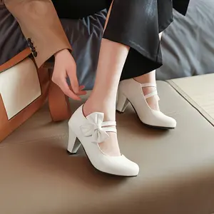 Women's Sweet Style Mary Jane Heels with Cross Strap & Bow Detail - Lightweight Mid-Heel Flared Heels, Round Toe PU Cover Shoes for All Seasons, Casual & Formal Occasions
