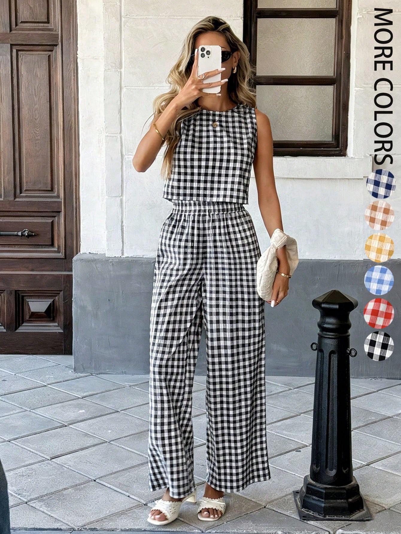 Ladies' multi-color casual plaid round neck sleeveless set Women, summer plaid sleeveless top+high waist wide leg pants set, suitable for commuting/dating/going out/home, essential for lazy people to wear Clothes Summer Matching Set Summer Sets Casual