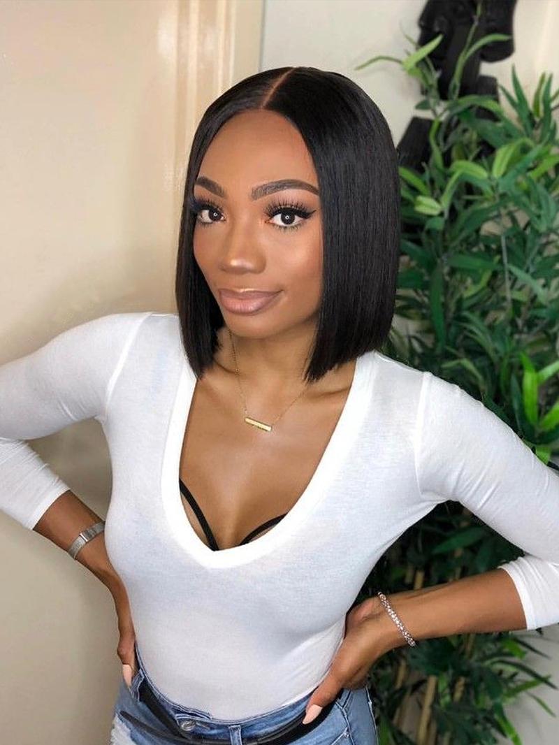 Human Hair Double Drawn Bob Wig, 4x4 Lace Frontal Pre-Plucked Natural Hairline with Elastic Band, Human Hair Short Straight Blunt Cut Wigs for Women,10 inch