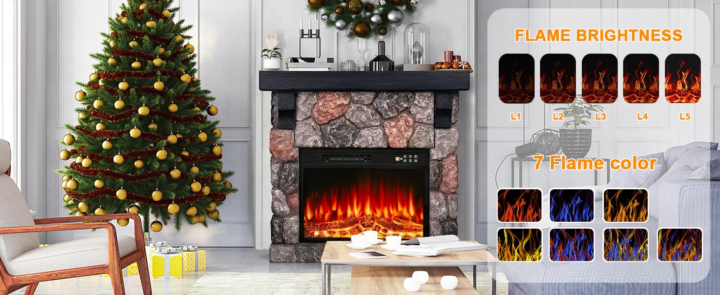 PUKAMI 36" Electric Fireplace with Mantel, 23 inch Electric Fireplace Insert, TV Stand Freestanding Heater with Remote Control Timer LED Flame for Living Room Bedroom,Faux Stone Gray