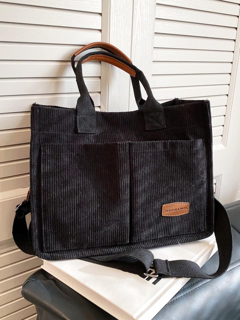 Women's Casual Minimalist Corduroy Tote Bag, Letter Patch Decor Shoulder Bag for Daily Used, Casual Trendy Versatile High-quality Daily Commuting Bag, Girl Fashionable Shopping Bag, Casual Commuter Bag