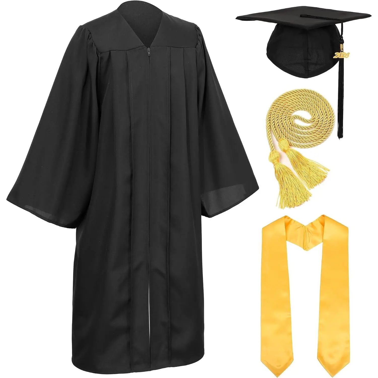 Unisex Adult Matte Graduation Cap and Gown Set with Honor Cord Gold Stoles for College School Bachelor Graduates