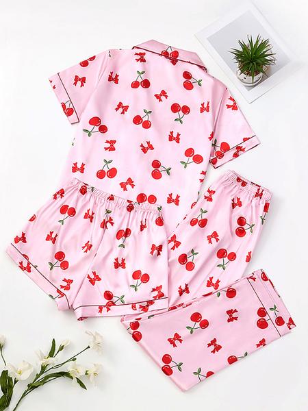 Women's Cherry Print Pajama Set, Cute Comfortable Short Sleeve Button Front Top & Elastic Waist Pants Shorts, Breathable Sleepwear