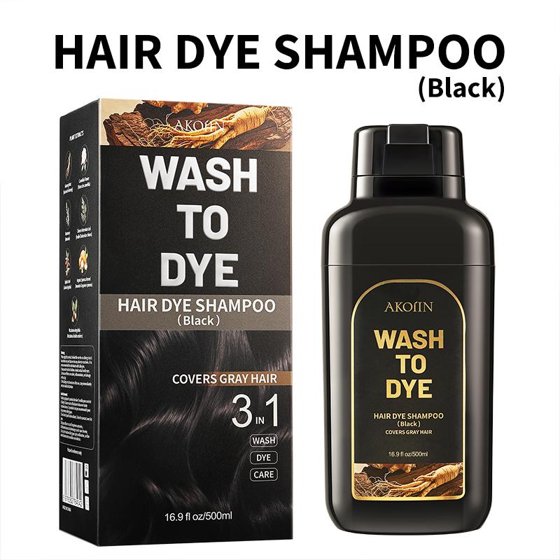 AKOIIN Black/Dark Brown Hair Dye Shampoo, 3-in-1 Hair Color Semi-Permanent, Unisex, 100% Gray Coverage, Lasts 60 Days, 7 Plant Extracts, Frizz-Free, with Dye Tools, 500ml