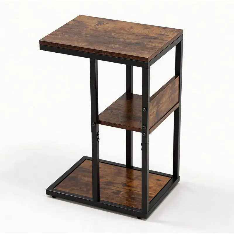 3-Tier Industrial Side Table with Metal Frame & Open Shelves, Rustic Brown Space-Saving End Table with Adjustable Feet for Living Room, Bedroom Room Decor & Small Spaces (Home Organizer Storage Rack), Three Tiers
