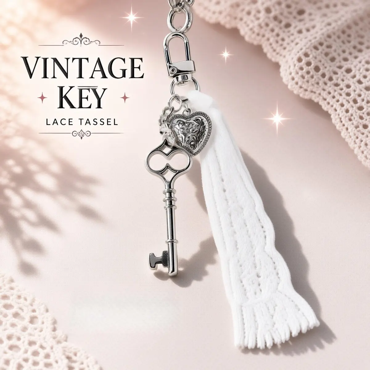 Vintage Basic Metal-Polyester Keychain, Antique Keys & Heart Emblem Design, White Lace Tassel Dangle, Swivel Clasp Bag Charm for Handbags Daily Commute, Romantic Aesthetic Gift
