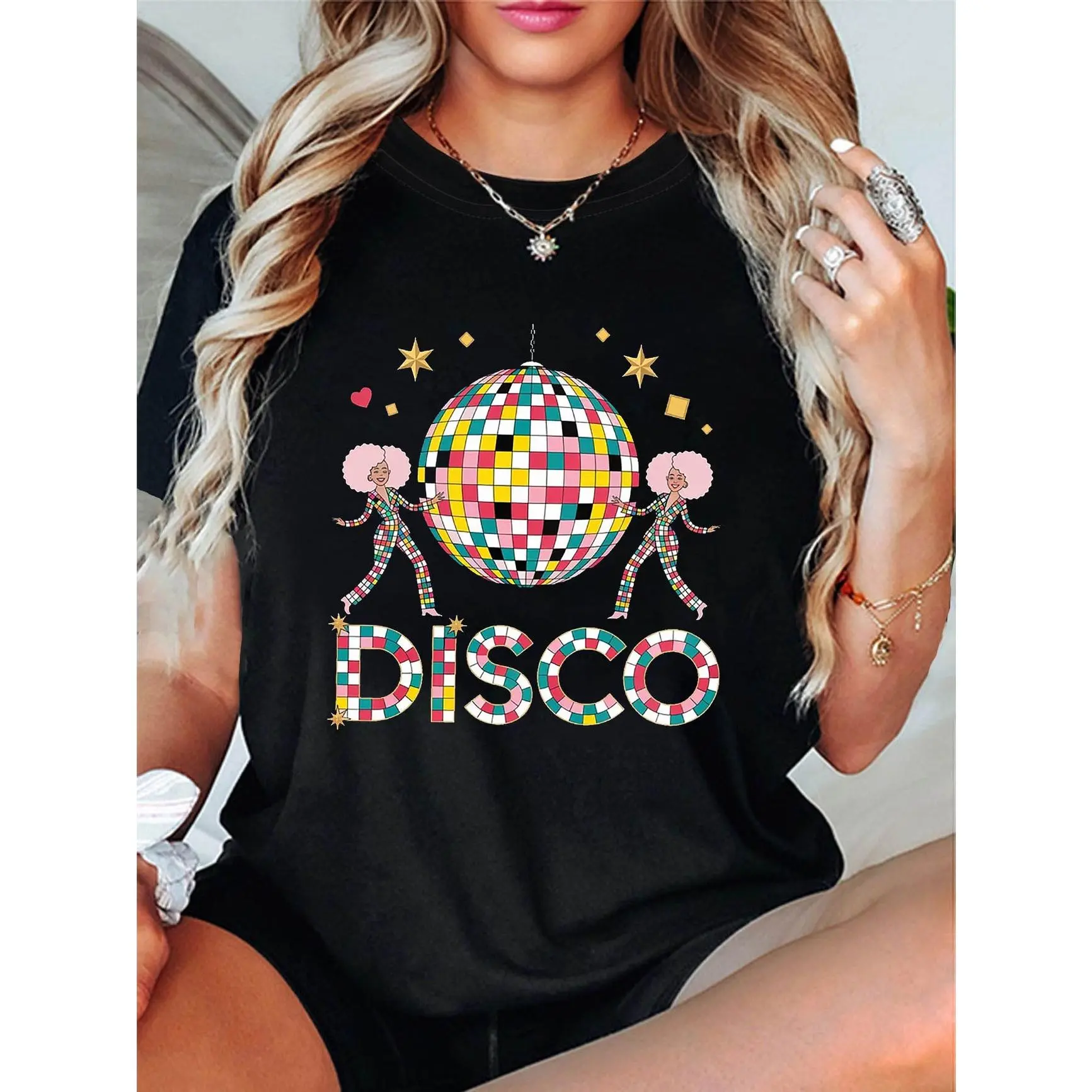 Retro Disco Ball Dance Party Graphic Tee – "DISCO" Colorful Mirror Ball With Two Afro Dancers In Sequin Suits, 70s Funk Party Print, 100% Cotton Non-Washed Shirt, SummerVibes Perfect Gift For Music Festival Goers, Best Retro Dance Party & Night Out Outfit