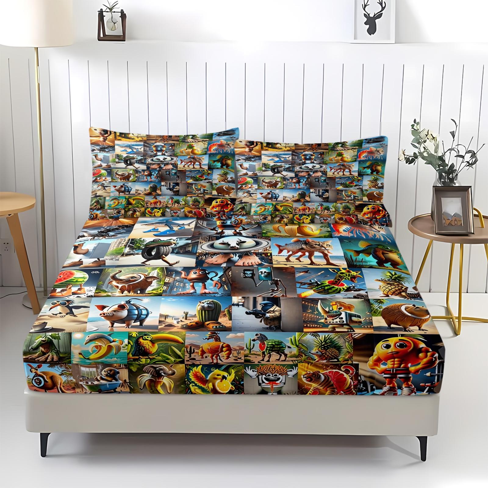 3-Piece Set Of Brain Rot Patterned Bed Sheets, Including 1 Bed Sheet And 2 Pillowcases, Comfortable Bedding, Non Slip Suitable For Bedrooms, Suitable For Gifts For Teenagers And Adults