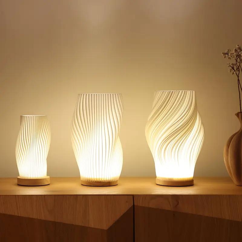 Dawnwake Aesthetic Table Lamp, 3D Minimalist Pleated Bedside Lamp, Dimmable LED Bedroom Lamp, Woodbase Modern Mood Lighting, Adjustable Lighting