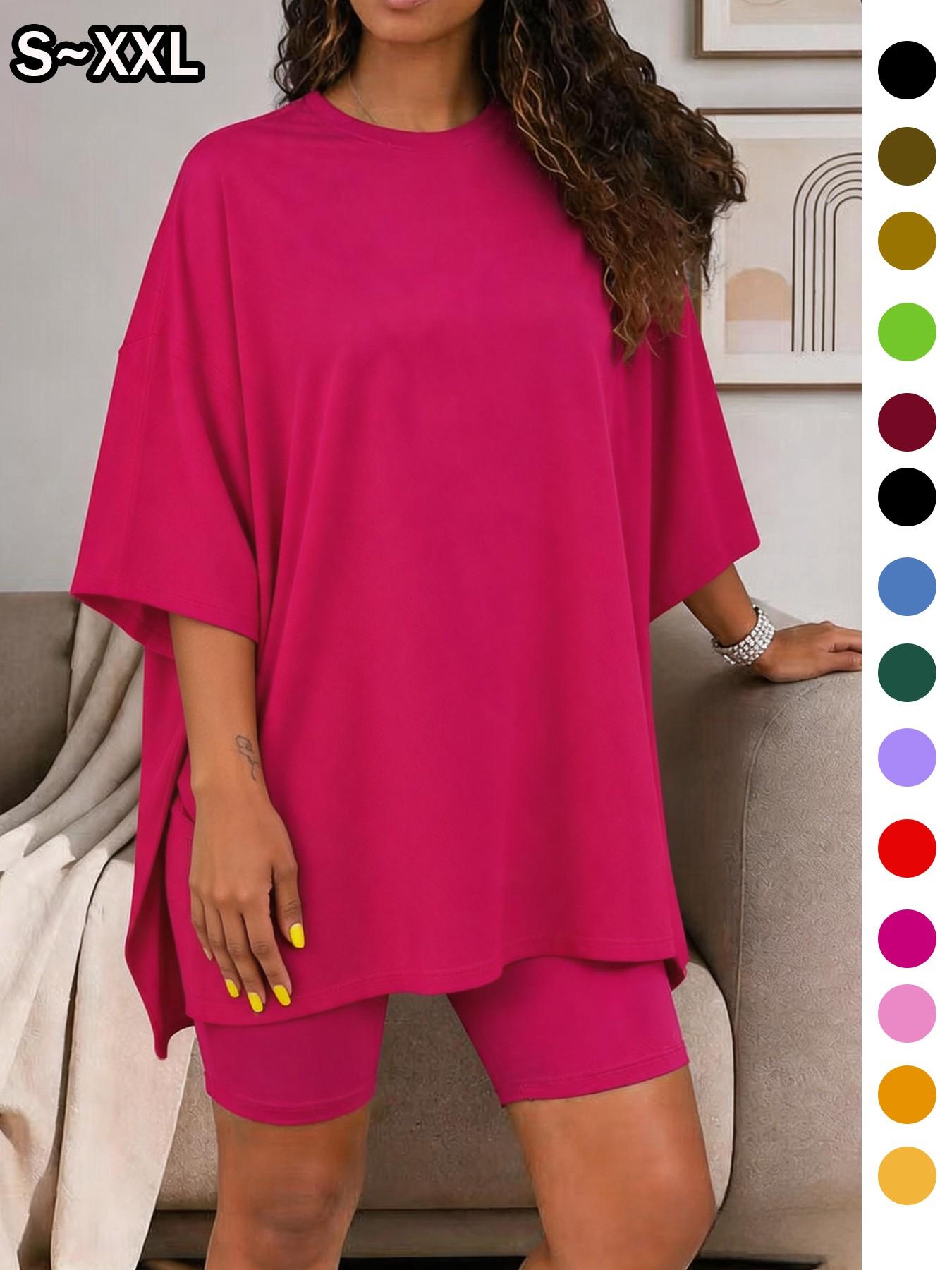 Women's Solid Color T-Shirt and Tight Shorts Set Loungewear, Summer Comfort Round Neck Pajamas, Casual Pocket Design, Suitable for Outdoor Wear