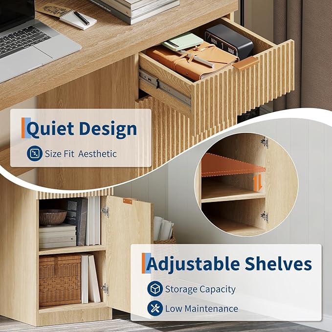 60" Executive Desk with Storage, Modern Home Office Desk with Drawer & Cabinet, Wood Fluted Computer Desks Workstation Writing Conference Table for Study, Living Room, Bedroom