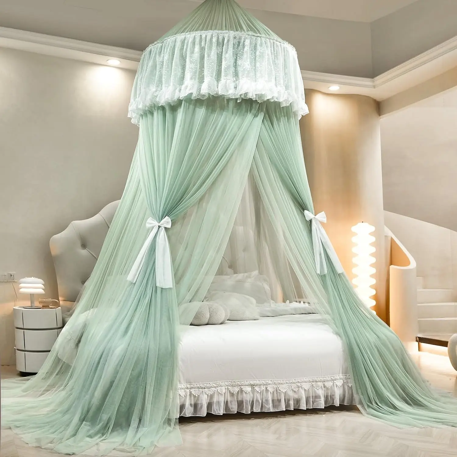 Princess Bed Canopy for Girls – Double Layer Sheer Mesh Dome with Romantic Lace Trim, Dreamy Mosquito Net Tent for Twin/Full/Queen/King Beds(Mint Green)