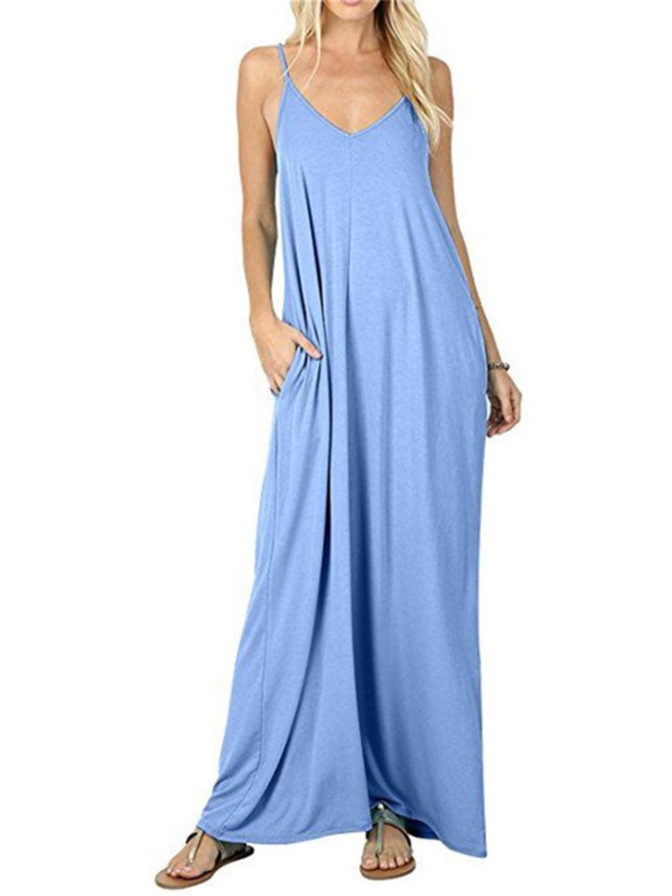Women's Casual Minimalist Sleeveless Maxi Dress, Loose-Fitting Beachwear, Side Pockets Design, Perfect for Home & Outdoor Use