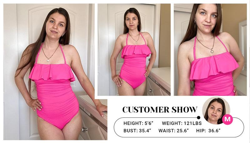 Holipick Black Strapless One Piece Swimsuits for Women Tummy Control Bandeau Bathing Suits Ruffle Slimming Swimwear