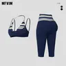 MFVIM Women’s Breathable Striped "Naked Feel" 2-Piece Gym Workout Set - Halter/V-Neck Top, High-Waisted Tummy Control 7/8 Length Leggings, Back to School Outfit, Gym Workout Sets, Sport Set