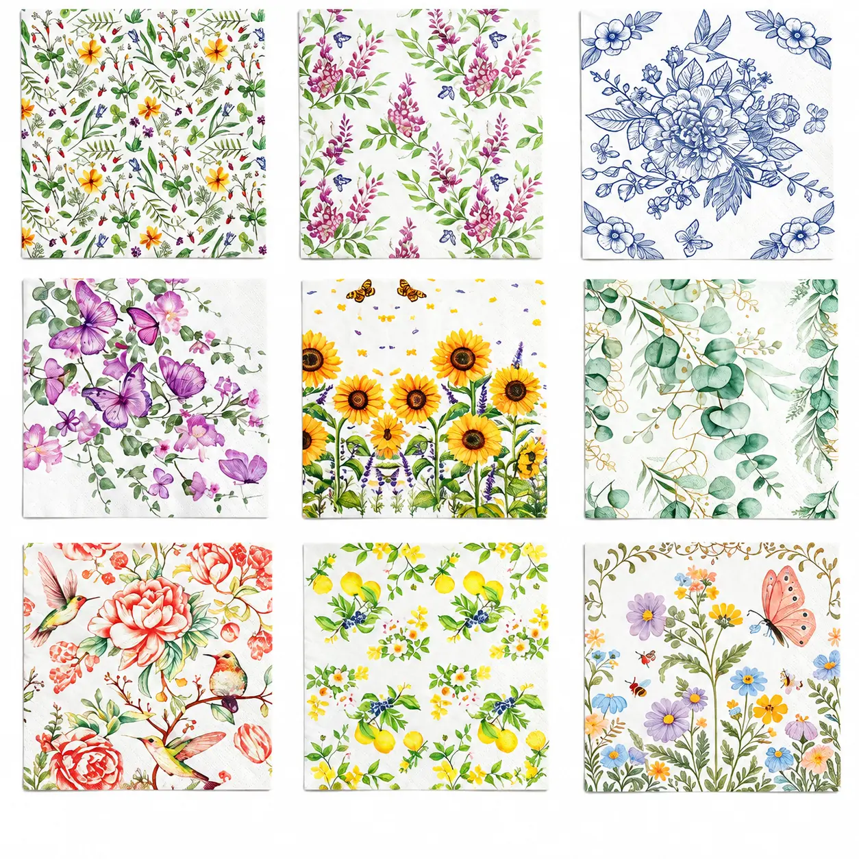 Elegant French-inspired spring-themed disposable napkins with pastoral floral print, soft absorbent tissue, premium lightweight design for weddings, brunches, and home dining occasions