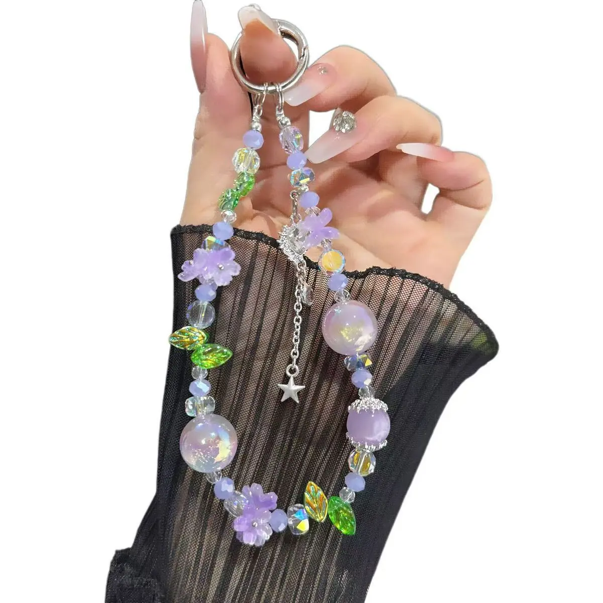 European Style Crystal Phone Charm, Blue Flower Leaf Pearl Silver Star Pendant, Anti-Loss Phone Chain, Fits Phone Case, Ccd Camera Bag Strap
